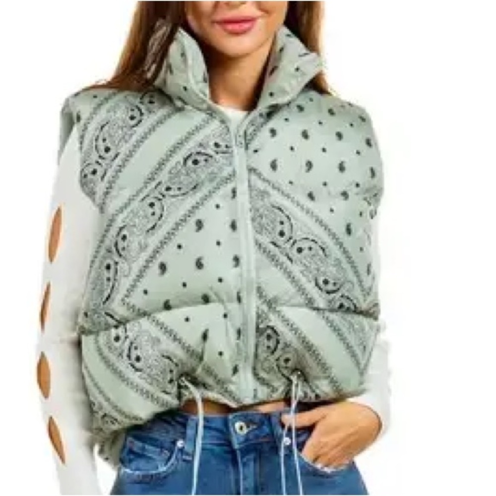 Sage green bandanna, puffy vest